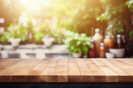 Wood table top on blurred kitchen background. can be used mock up for montage products display or design layout. Created with generative AI toolsの素材