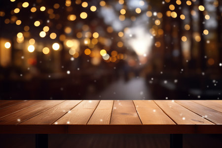 Image of wooden table in front of abstract blurred restaurant lights background. Created with generative AI toolsの素材