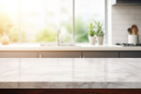 Marble counter table top on blurred kitchen background can be used mock up for montage products display or design layout. Created with generative AI toolsの素材