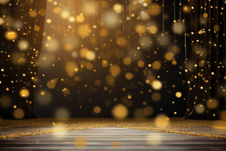 A shower of golden confetti descends upon a festive stage, creating a mockup with copy space for award ceremonies, jubilees, New Years parties, product presentations. Created with generative AI toolsの素材