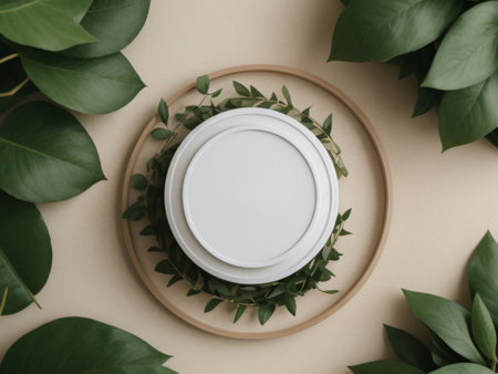 A picture featuring a white template mockup, paired with fresh green leaves for organic product advertisement, on a contemporary, minimalist flat lay backdrop. Created with generative AI toolsの素材