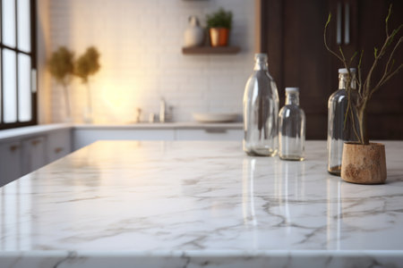 A marble countertop set against a softly blurred kitchen background, serving as an ideal mockup for product displays or design layouts. Created with generative AI toolsの素材