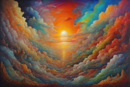 Picture reflecting a surreal sunset or sunrise through an abstract amalgamation of colors and textures, connoting themes of landscape art, creativity, and imagination. Created with generative AI toolsの素材