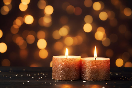 Glowing candles with a touch of glitter, radiating a festive vibe. Created with generative AI toolsの素材