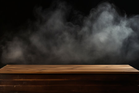 An empty wooden table set against a dark background, with wisps of smoke rising, creating space for displaying your products. Created with generative AI toolsの素材