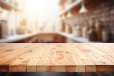 A wooden tabletop against a blurred kitchen backdrop, ideal for product displays or design mockups. Created with generative AI toolsの素材