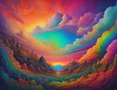 Picture reflecting a surreal sunset or sunrise through an abstract amalgamation of colors and textures, connoting themes of landscape art, creativity, and imagination. Created with generative AI toolsの素材