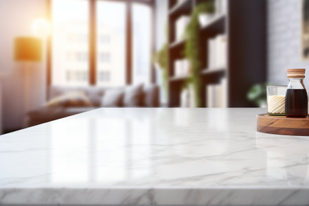 On a blurred kitchen backdrop, a marble counter table top offers a versatile canvas for presenting products or creating design concepts. Created with generative AI toolsの素材