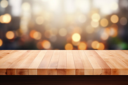 A wooden tabletop against a blurred kitchen backdrop, ideal for product displays or design mockups. Created with generative AI toolsの素材