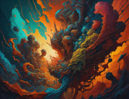 interaction between fractal paint and rich textures, indicative of concepts of creative exploration, imagination, and the field of art. Created with generative AI toolsの素材