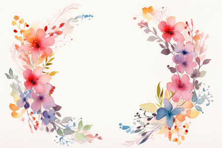 Against a pure white canvas, a watercolor floral frame showcases two symmetrical wreaths crafted from a burst of multicolored blossoms and leaves. Created with generative AI toolsの素材