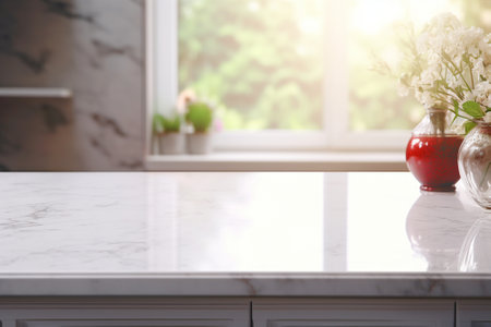 With a kitchen scene in soft focus, a marble counter table top becomes the perfect choice for mounting products or designing layouts. Created with generative AI toolsの素材