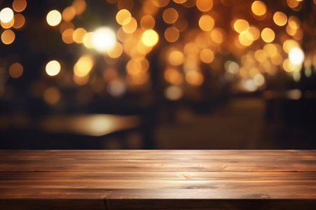 In the foreground, a wooden table is highlighted against an abstract and blurred restaurant lights background, setting the mood for an evening of culinary delights. Created with generative AI toolsの素材