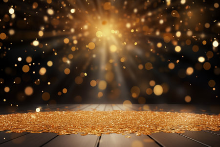 A festive stage by a cascade of golden confetti, making it an ideal mockup for award ceremonies, jubilees, New Year's parties, or product presentations. Created with generative AI toolsの素材