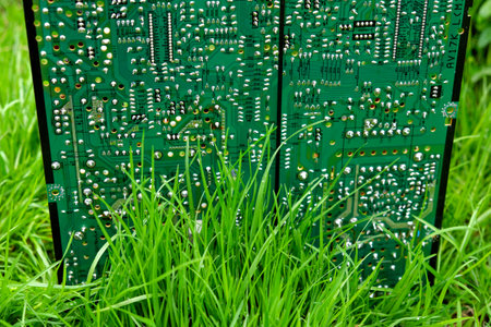 A detailed view of a green circuit board with grass in the immediate vicinity.