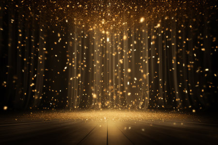 a celebratory stage is brought to life by a golden confetti shower, mockup with copy space for award ceremonies, jubilees, New Years parties, or product presentations. Created with generative AI toolsの素材