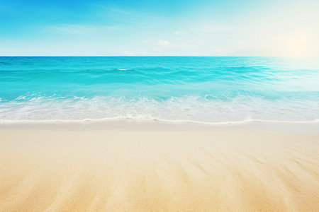 The beauty of an abstract sandy shore under the warm sunlight, kissed by turquoise wavesâa background concept for a serene seaside resort, space for text or product. Created with generative AI toolsの素材