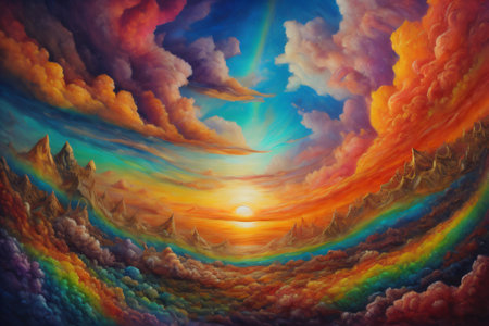 surreal interplay of colors and textures in a sunrise or sunset scene, embodying elements of landscape painting, artistic creativity, and imagination. Created with generative AI toolsの素材