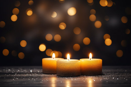 In this close-up shot, three candles burn brightly against an abstract black backdrop, inviting contemplation of a celebratory atmosphere, festive concept. Created with generative AI toolsの素材