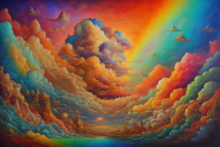 surreal interplay of colors and textures in a sunrise or sunset scene, embodying elements of landscape painting, artistic creativity, and imagination. Created with generative AI toolsの素材