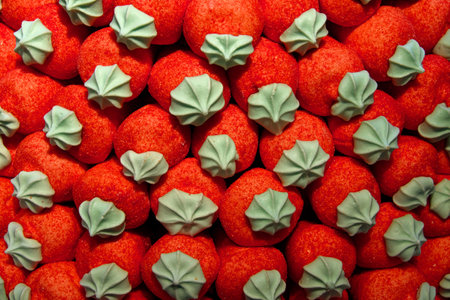 A close-up of a group of red and green candies. They are round and red with a green star on top, arranged in a repeating pattern.の写真素材