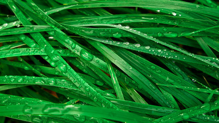 A close-up photo of green grass blades with water droplets on them.の写真素材