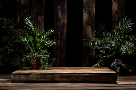A plant serves as a lovely backdrop to the simplicity of the wooden platform. Created with generative AI toolsの素材