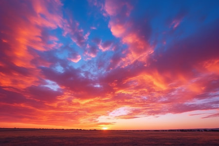 The setting sun bathes the barren desert landscape in a mesmerizing glow, while dramatic orange and pink clouds form overhead, evoking an awe-inspiring atmosphere. Created with generative AI toolsの素材