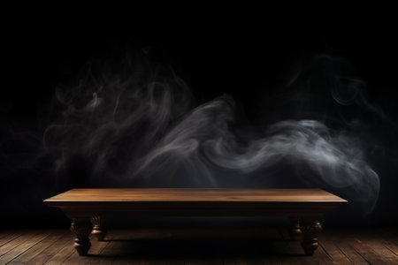 Against a dark backdrop, an empty wooden table is embellished with ascending smoke, ready to showcase your products. Created with generative AI toolsの素材