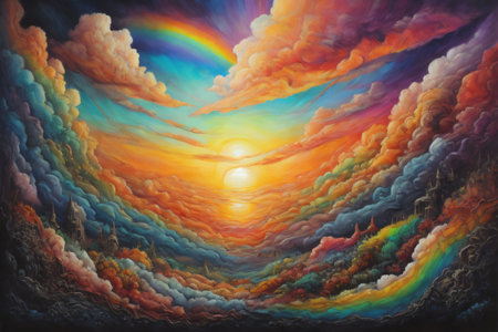 Visual depiction of an abstract blend of surreal sunset or sunrise colors and textures, indicative of landscape painting, imagination, and creative art. Created with generative AI toolsの素材