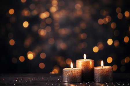 Three burning candles creating a celebratory mood, enhanced by the blurred lights. This image encapsulates the festive concept and leaves room for your text. Created with generative AI toolsの素材