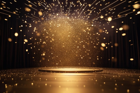 Positioned on a wooden stage, a podium stands amidst shimmering golden particles against a dark background, emanating a festive and celebratory atmosphere. Created with generative AI toolsの素材