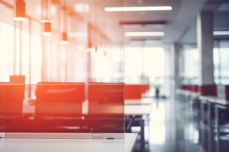 A vacant open-space office with a blurred setting, enhanced by abstract light bokehâan adaptable backdrop for creative designs. Created with generative AI toolsの素材