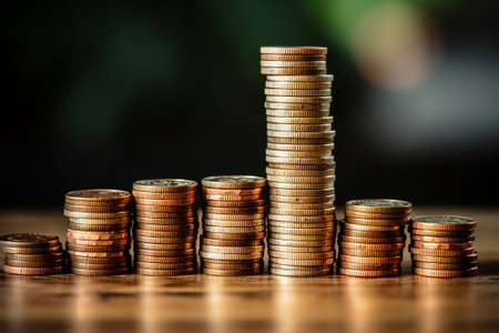 Coins and growth stacks are captured in sharp focus, embodying the essence of finance and banking, and hinting at future property investment intentions. Created with generative AI toolsの素材