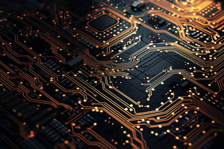 A circuit board with an intricate design, boasting gold and copper lines against a dark background, evoking a futuristic vibeâa stunning circuit board background. Created with generative AI toolsの素材