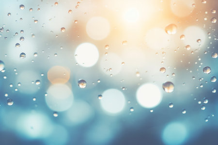An alluring view of abstract raindrops with sunlit accents from above, creating an enticing water background perfect for showing casing products or text. Created with generative AI toolsの素材