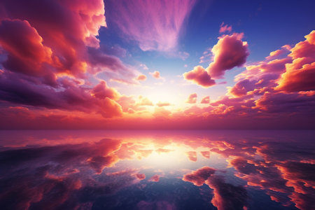 A beautiful sunset over a calm lake, with a sky filled with pink and purple clouds, serene line of horizon. Created with generative AI toolsの素材