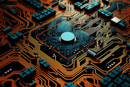 A close-up photograph of a computer's printed circuit board, displaying numerous components and a central processor. Created with generative AI toolsの素材