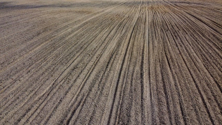 Plowed agricultural field, aerial view. Agricultural land. Background.の写真素材