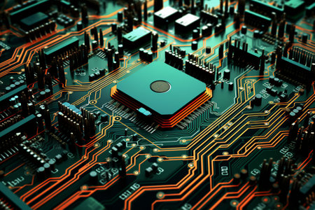 An in-depth look at an electronic circuit board, showing its many parts and a central processing unit. Created with generative AI toolsの素材