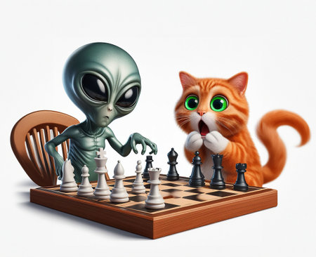 A shocked red cat plays chess with an alien. Created with generative AI toolsの素材