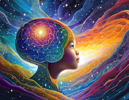 A conceptual representation of children's dreams, fantasies and imagination. Vivid memories and dreams of childhood. The portrait of a child. Vibrant Thinking. Created with generative AI tools.の素材