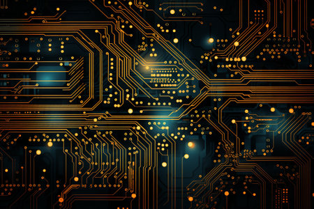 Against a dark canvas, an intricate circuit board showcases gold and copper lines, creating a futuristic ambianceâa captivating circuit board background. Created with generative AI toolsの素材