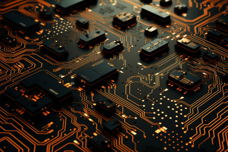 Against a dark canvas, an intricate circuit board showcases gold and copper lines, creating a futuristic ambianceâa captivating circuit board background. Created with generative AI toolsの素材