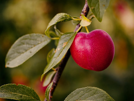 Green leaves surround a single, ripe red plum on a tree.の写真素材