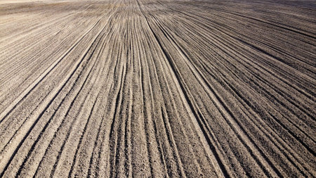 Plowed agricultural field, aerial view. Agricultural land. Background.の写真素材
