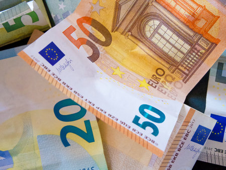 European Money Details. Detailed shot of Euro banknotes, showing the â¬20 and â¬50 denominations.の写真素材