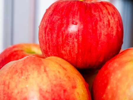 Hydrated Apples. Water-kissed apples, suitable for fresh produce marketing.の写真素材
