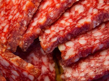 Gourmet Salami Texture. Close-up of salami texture, perfect for food industry marketing.の写真素材