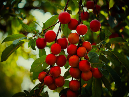 Image capturing the natural beauty of cherry plums ready for harvest. Perfect for agricultural and farming-themed visuals.の写真素材